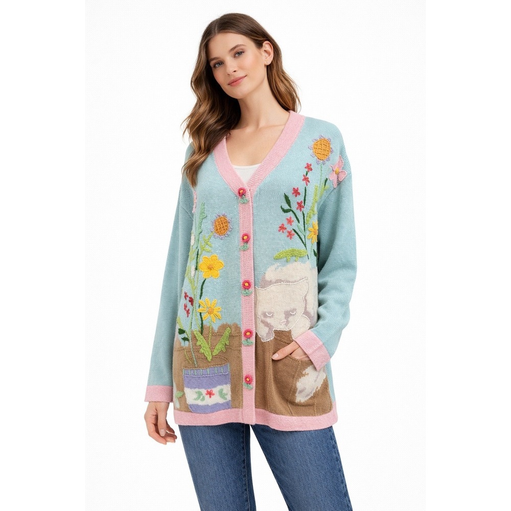 Storybook Knits Cat Garden Embroidered Cardigan Blue Pink V-Neck Sweater 1X